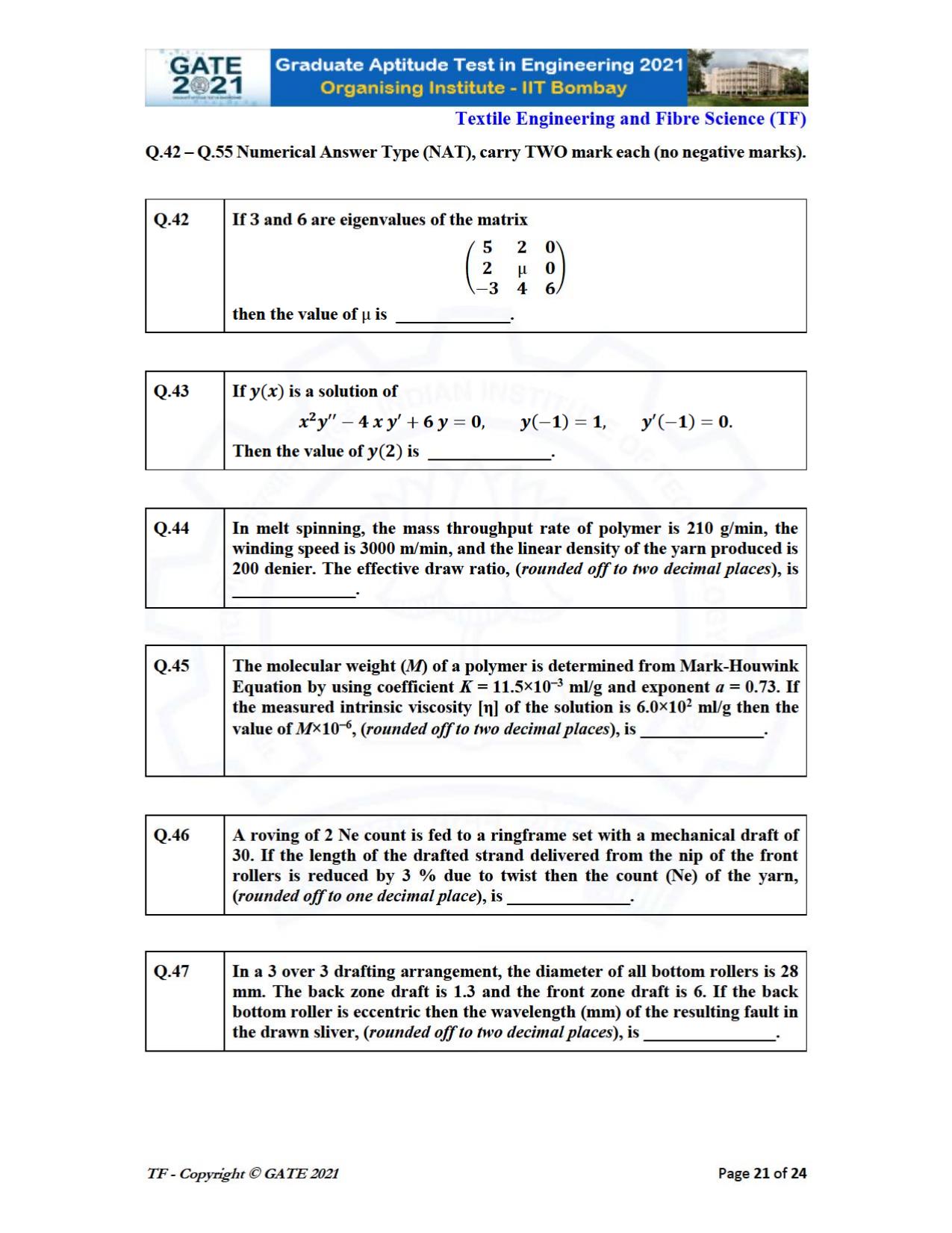 GATE 2021 Textile Engineering & Fibre Science (TF) Question Paper - Page 21