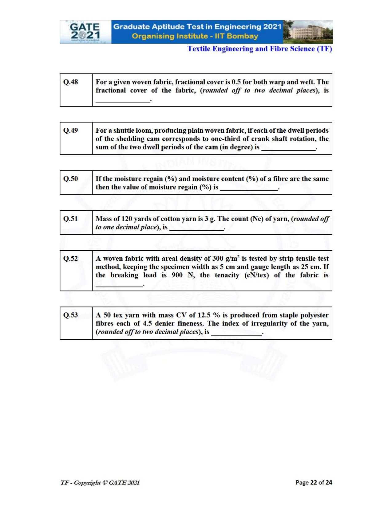 GATE 2021 Textile Engineering & Fibre Science (TF) Question Paper - Page 22