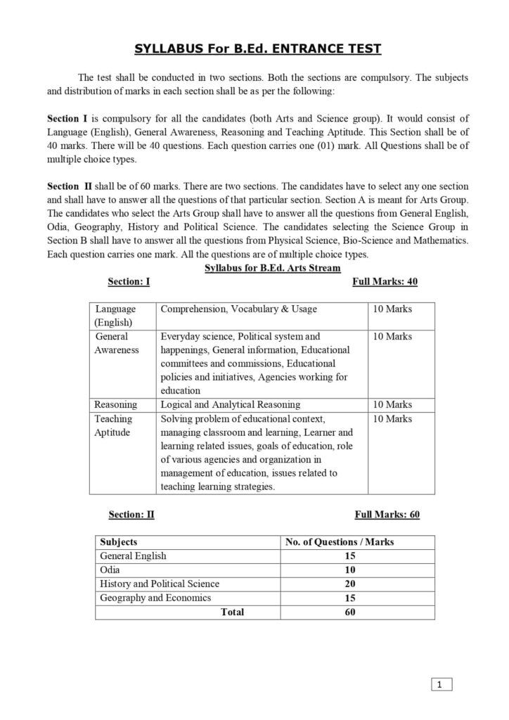 odisha b.ed entrance syllabus