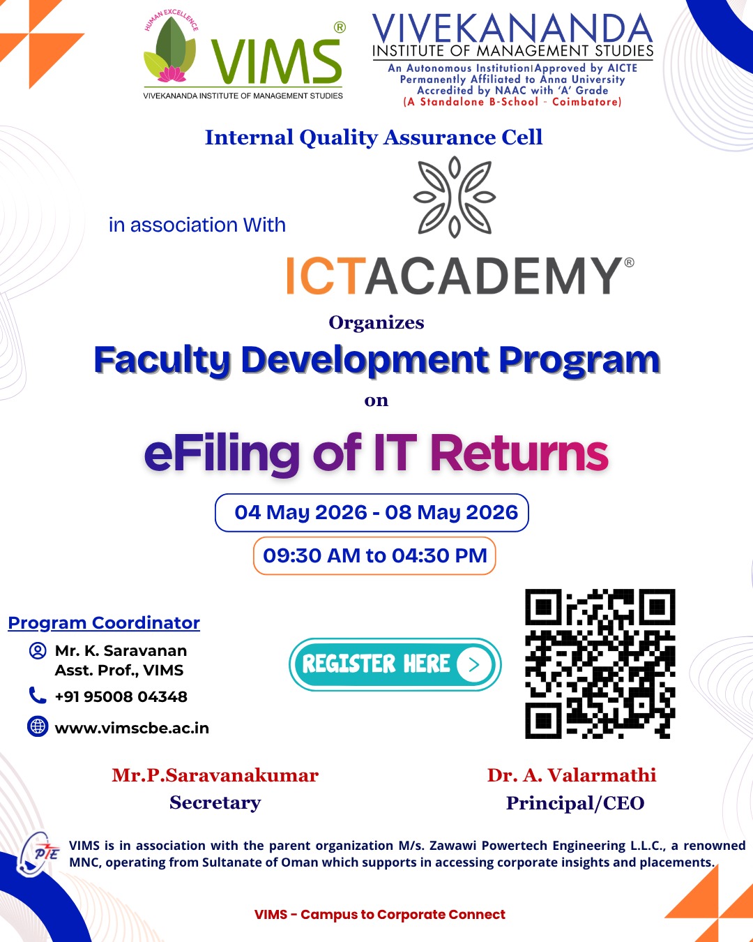 Faculty Development Program on “E-Filling of IT Returns” in association with ICT Academy Chennai Poster