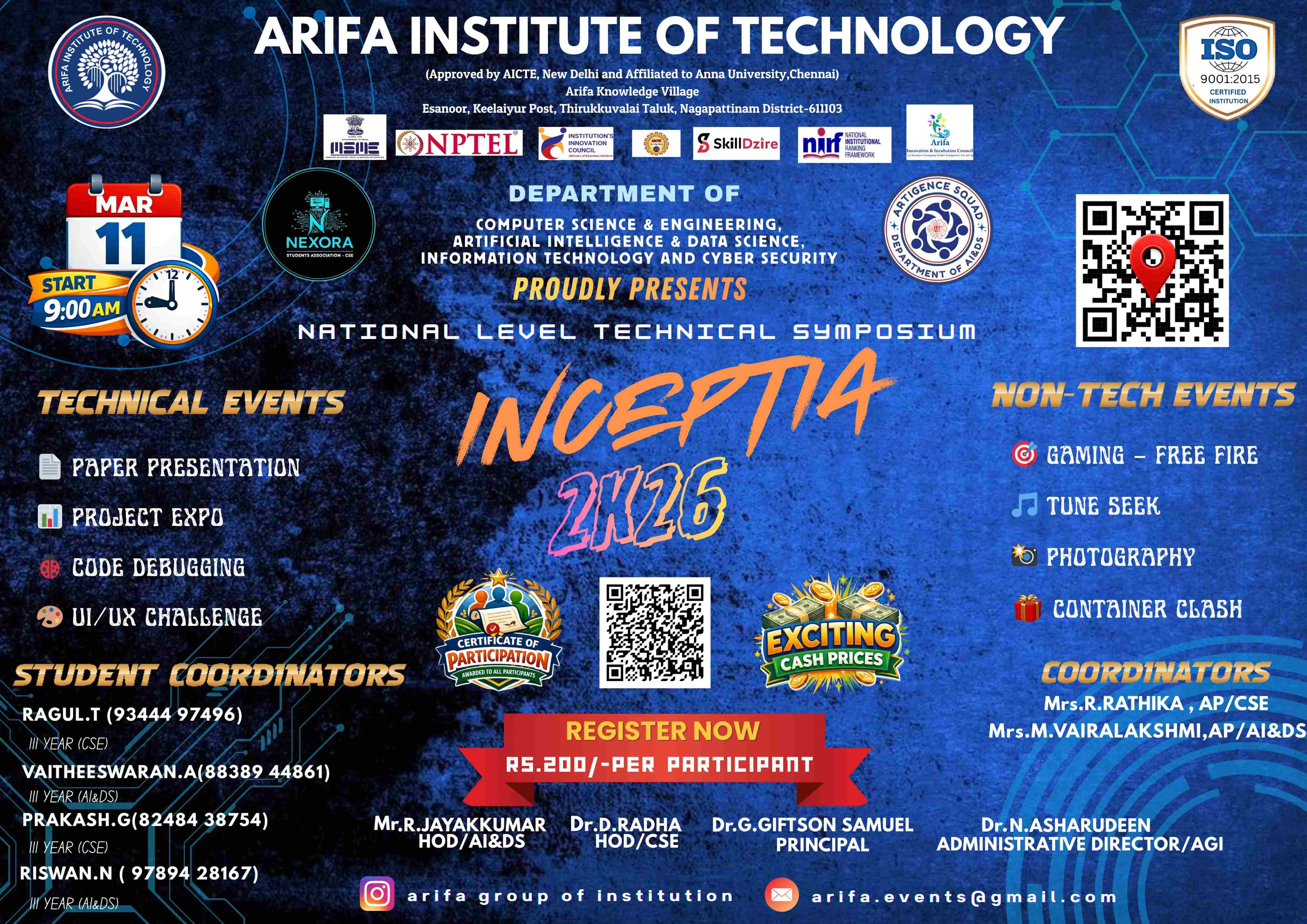 INCEPTIA 2K26, Arifa Institute of Technology, Esanoor
