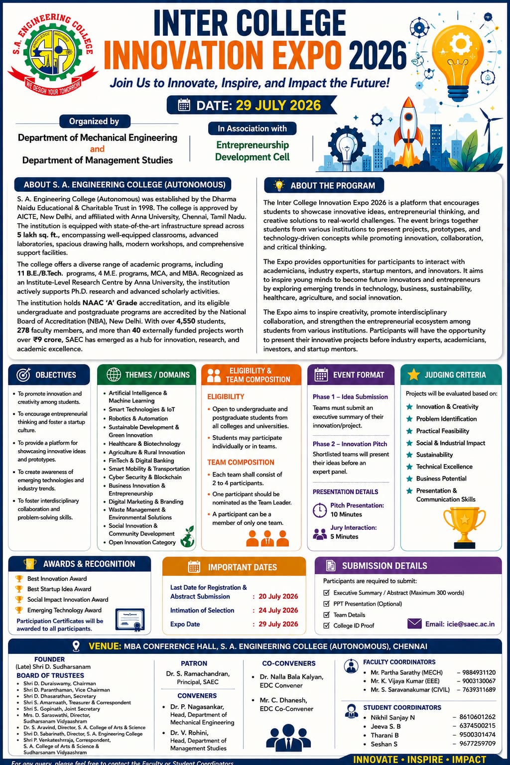 INNOVATION EXPO 2026, S. A. Engineering College, Inter College Innovation Expo, Chennai, Tamil Nadu