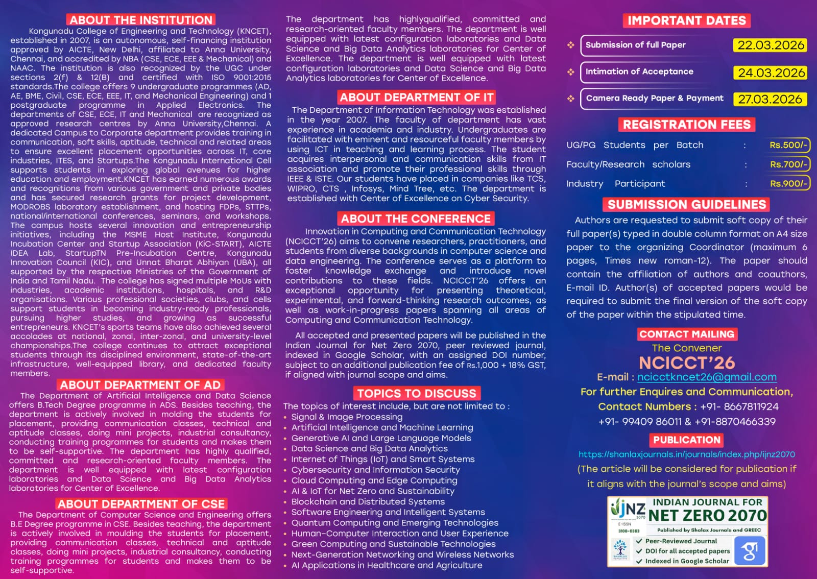 Innovation in Computing and Communication Technology (NCICCT’26), Kongunadu College of Engineering and Technology