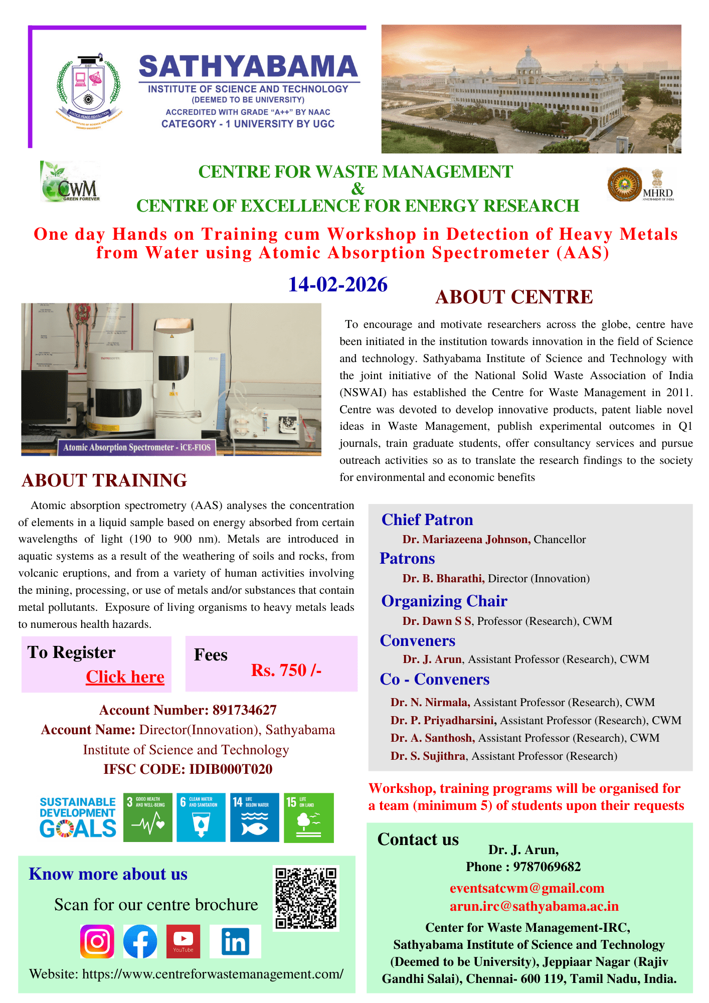 One day Hands on Training cum Workshop in Detection of Heavy Metals from Water using Atomic Absorption Spectrometer (AAS) 2026