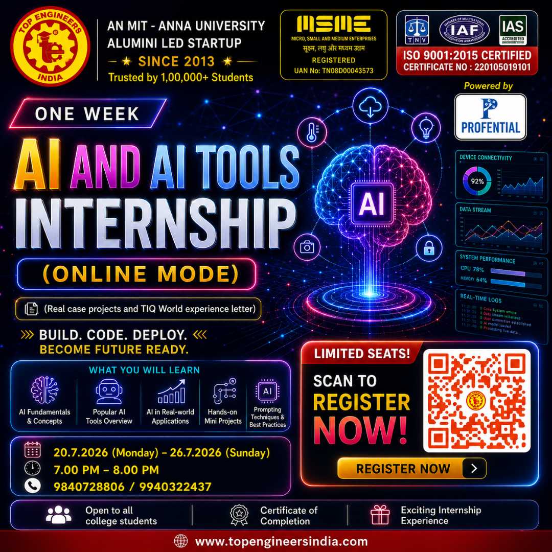 One Week AI and AI Tools Internship (Online Mode), Chennai, Tamil Nadu, 20th - 26th July 2026
