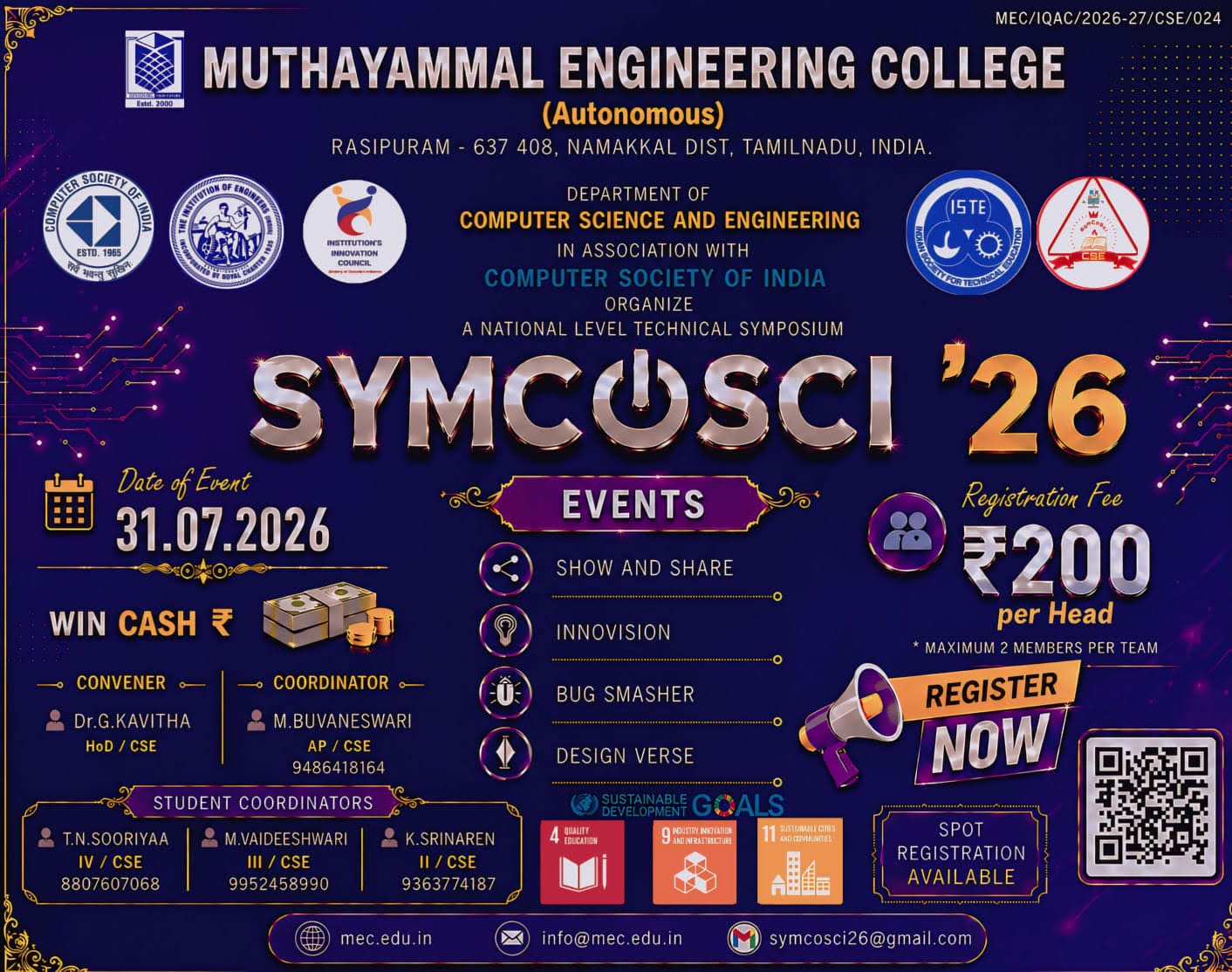 SYMCOSCI'26, Muthayammal Engineering College, National Level Technical Symposium, Rasipuram, Tamil Nadu