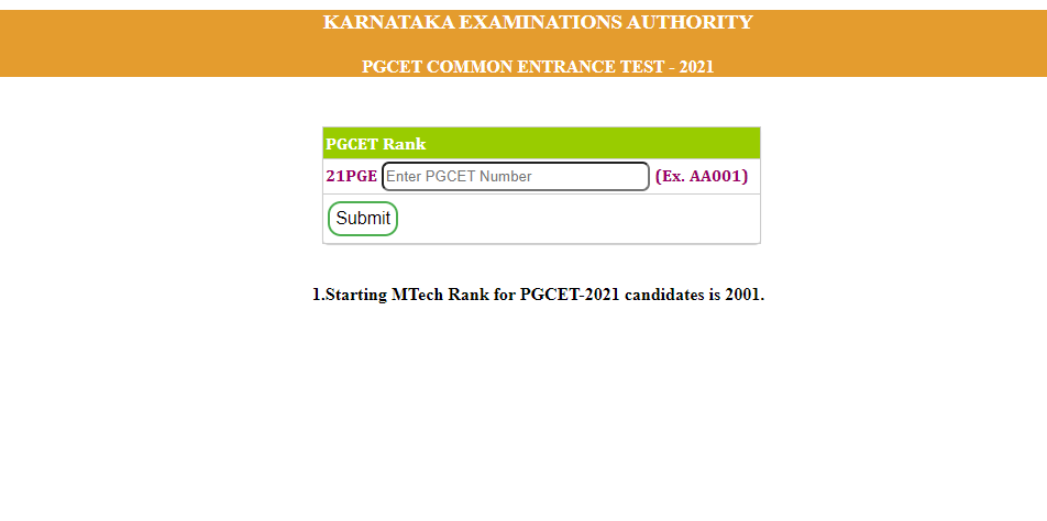 Image of PGCET 2021 Karnataka result page