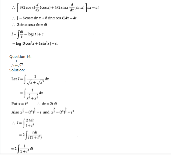 Maharashtra Board Solutions Class 12-Arts & Science Maths (Part 2): Chapter 3- Indefinite Integration Ex 3.2 (A)