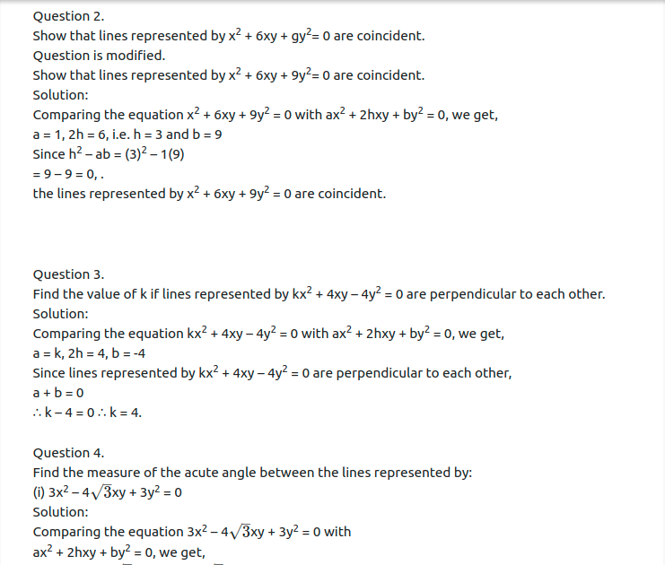 Maharashtra Board Solutions Class 12-Arts & Science Maths (Part 1): Chapter 4- Pair of Straight Lines Ex 4.2
