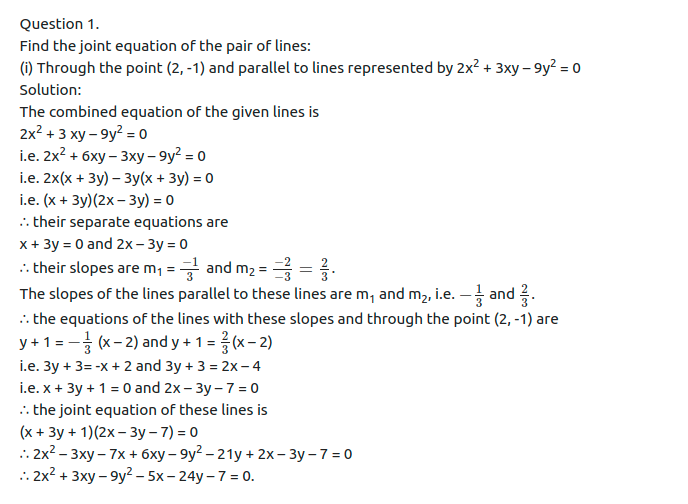 Maharashtra Board Solutions Class 12-Arts & Science Maths (Part 1): Chapter 4- Pair of Straight Lines Ex 4.3