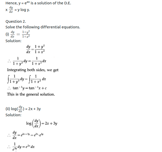 Maharashtra Board Solutions Class 12-Arts & Science Maths (Part 2): Chapter 6- Differential Equations Ex 6.3