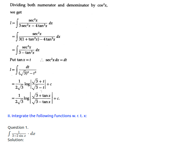 Maharashtra Board Solutions Class 12-Arts & Science Maths (Part 2): Chapter 3- Indefinite Integration Ex 3.2 (B)