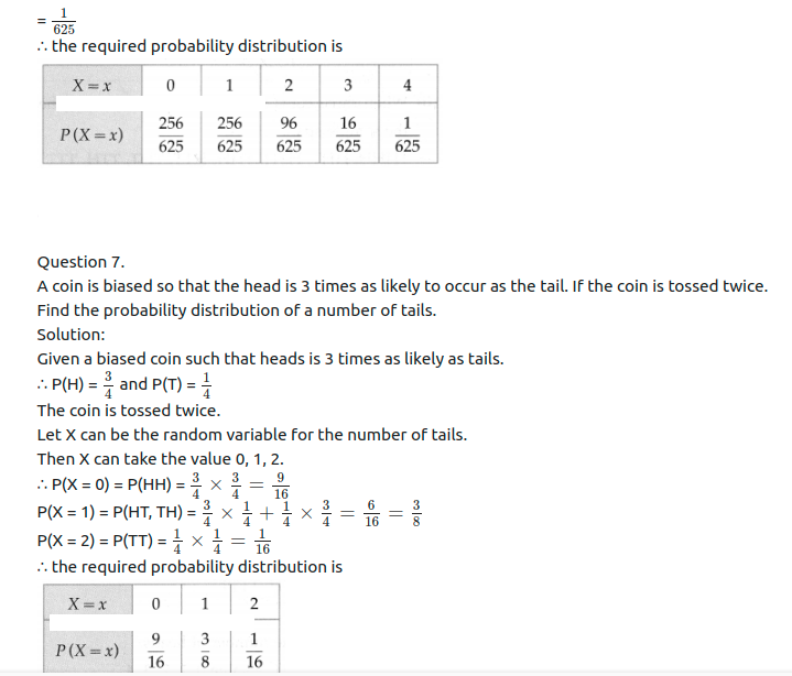 Maharashtra Board Solutions Class 12-Arts & Science Maths (Part 2): Chapter 7- Probability Distributions Ex 7.1