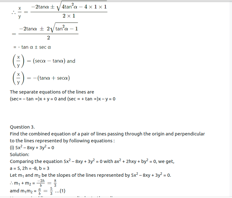Maharashtra Board Solutions Class 12-Arts & Science Maths (Part 1): Chapter 4- Pair of Straight Lines Ex 4.1