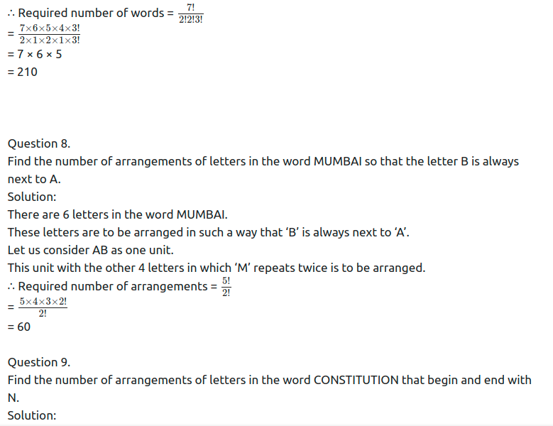 Maharashtra Board Solutions Class 11-Arts & Science Maths (Part 2): Chapter 3- Permutations and Combination Ex . 3.4