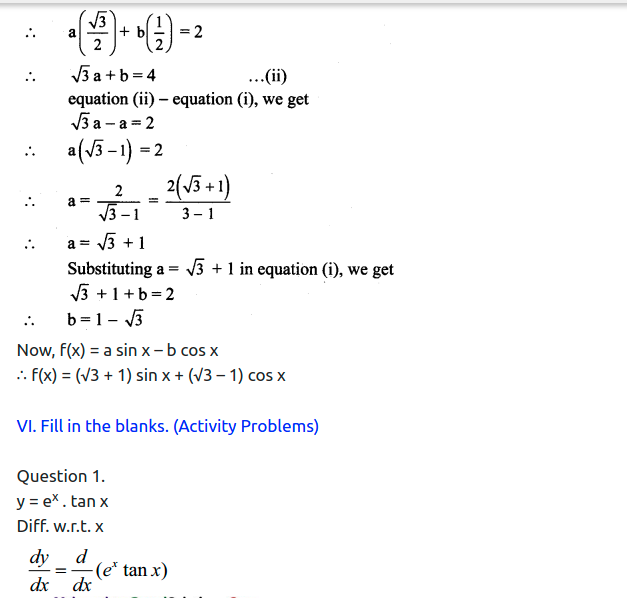 Maharashtra Board Solutions Class 11-Arts & Science Maths (Part 2): Chapter 9- Differentiation Ex 9.2