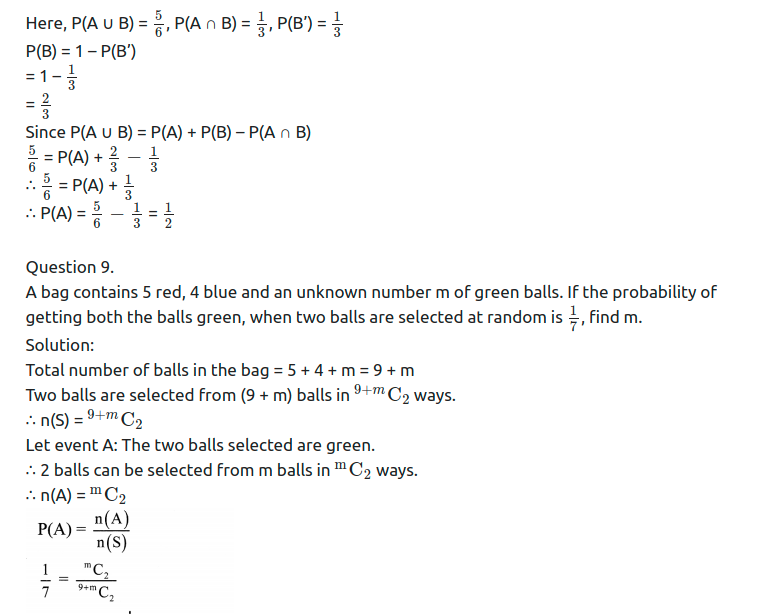 Maharashtra Board Solutions Class 11-Arts & Science Maths (Part 1): Chapter 9- Probability Ex 9.2