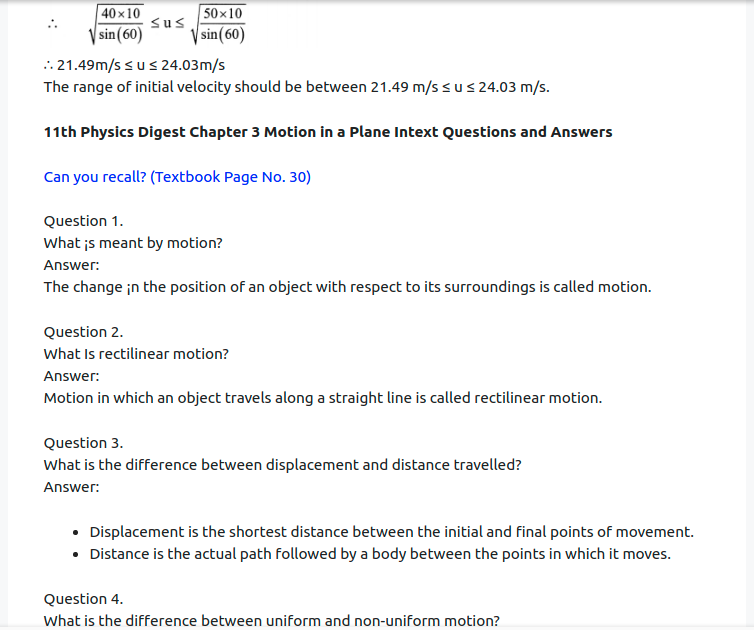 Maharashtra Board Solutions Class 11-Physics: Chapter 3- Motion in a Plane