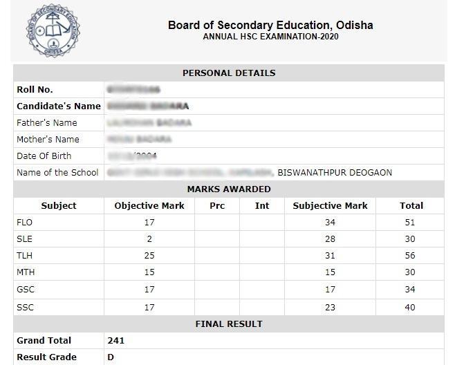 Sample Image of Odisha HSC result is given below