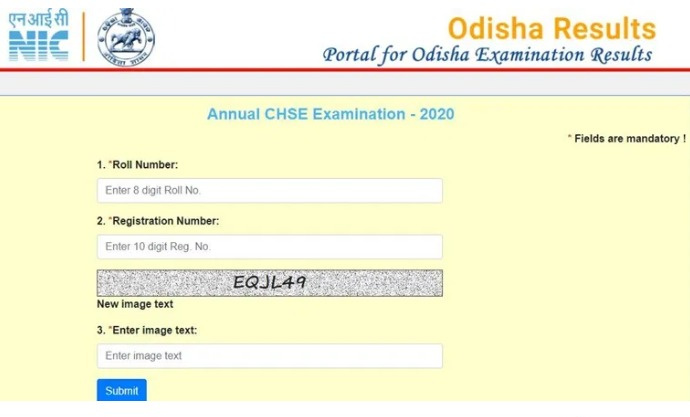 Odisha Board Class 12 Result Login Screen