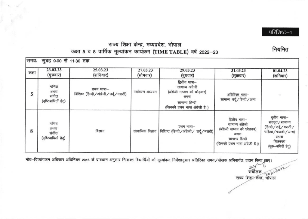 MP Board Class 8th Time Table 2023