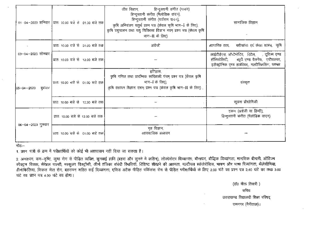 UK Board Class 10th Date sheet 2023 Official Notice - Page 2