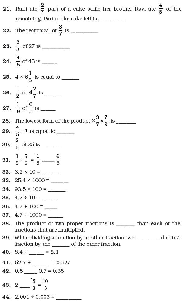 Class 7 Important Questions for Maths – Fractions and Decimals
