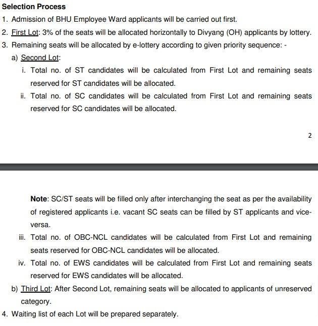 BHU School Admission Selection Process