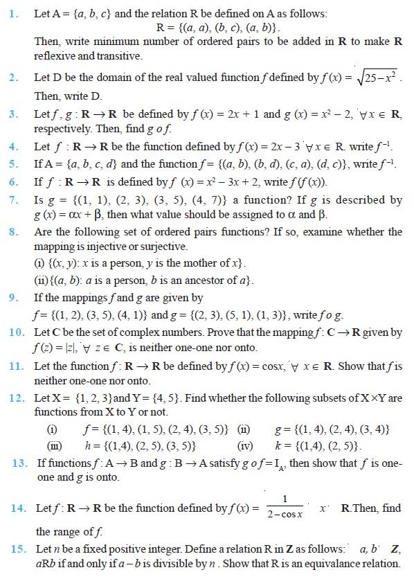 Class 12 Important Questions for Maths - Relations and Functions