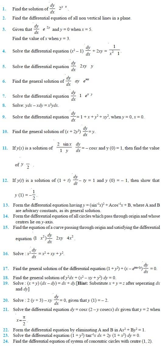 Class 12 Important Questions for Maths - Differential Equations